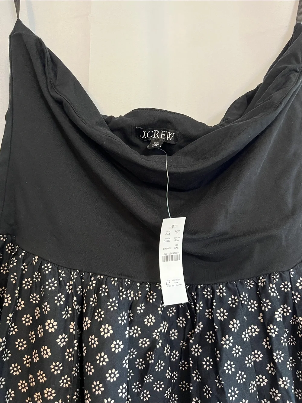 J. Crew Black Cowl Neck Floral Dress with White Print